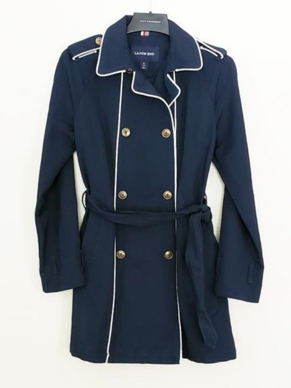 Lands End Women's XS Navy Double-Breasted Trench Coat Belted Classic Preppy